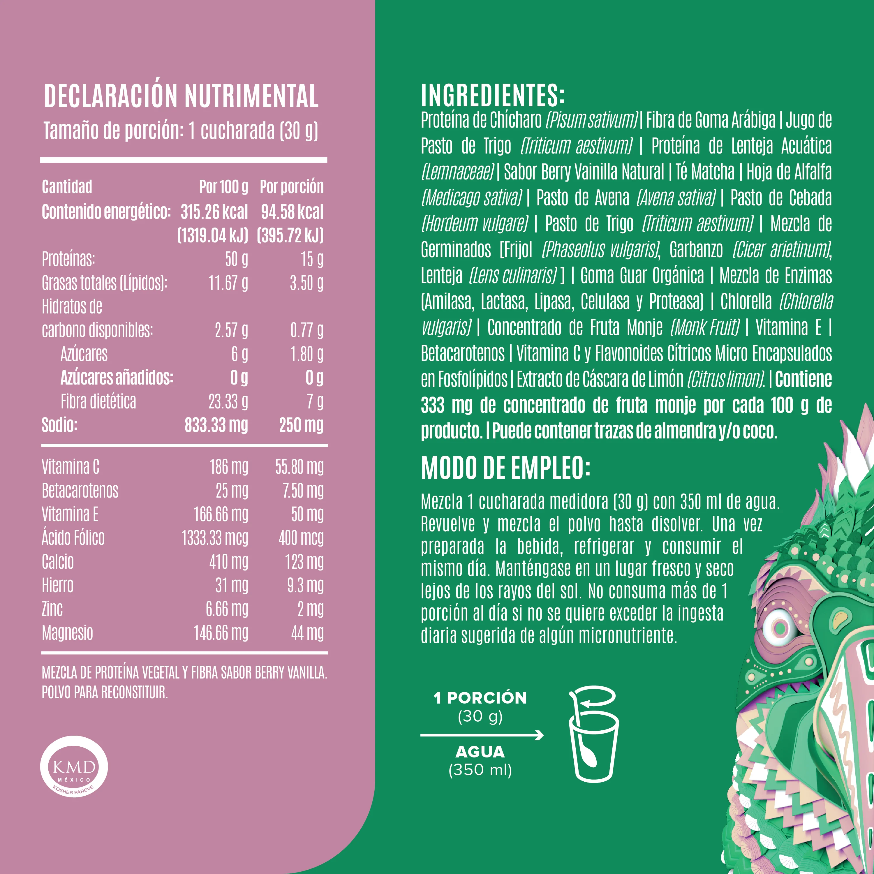 Parrot Greens & Protein Proteína en Polvo con Verdes & Vitaminas - Berry Vainilla 210 g - Image 3